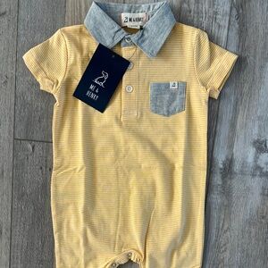 Me & Henry Yellow Stripe Polo Romper with Chambray Collar